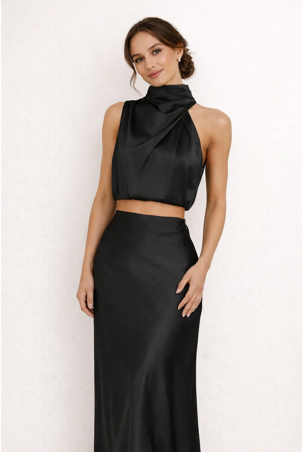 Adrienne Dames Co-ord Set – Halter Crop Top & Aansluitende Maxi Rok