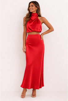 Adrienne Dames Co-ord Set – Halter Crop Top & Aansluitende Maxi Rok