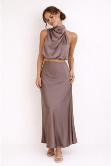 Adrienne Dames Co-ord Set – Halter Crop Top & Aansluitende Maxi Rok