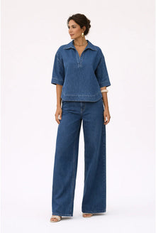 Ayla Dames Co-ord Set – Denimlook Top met Polokraag & Wijde Broek