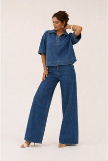 Ayla Dames Co-ord Set – Denimlook Top met Polokraag & Wijde Broek