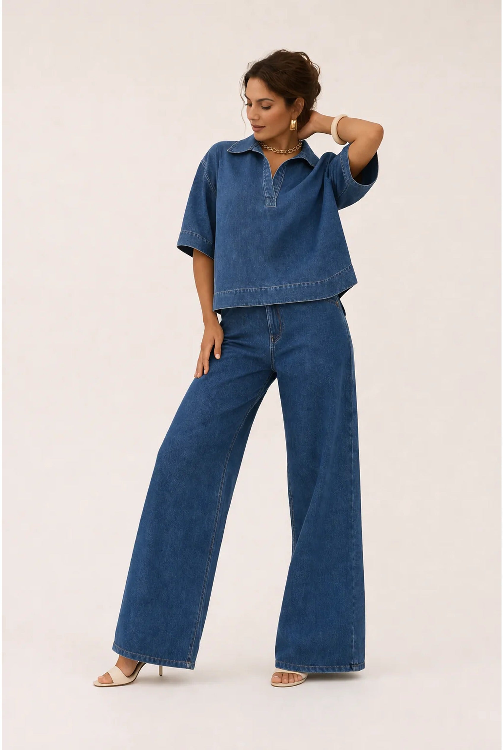 Ayla Dames Co-ord Set – Denimlook Top met Polokraag & Wijde Broek