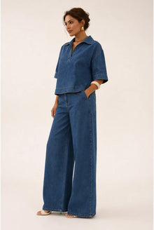 Ayla Dames Co-ord Set – Denimlook Top met Polokraag & Wijde Broek