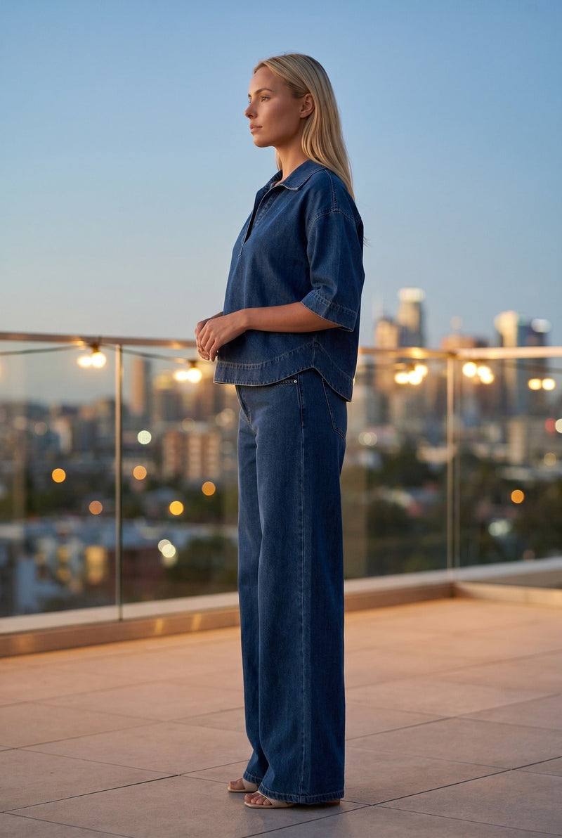 Ayla Dames Co-ord Set – Denimlook Top met Polokraag & Wijde Broek