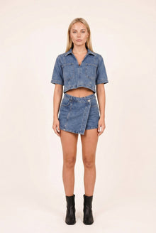 Denise Dames Denim Co-ord Set – Cropped Blouse & Wikkel Skort
