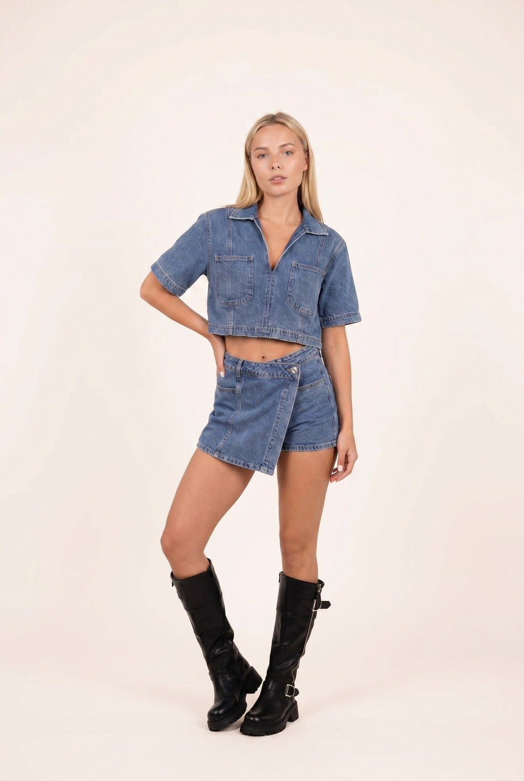 Denise Dames Denim Co-ord Set – Cropped Blouse & Wikkel Skort