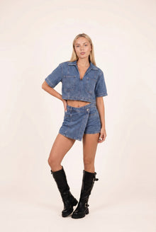 Denise Dames Denim Co-ord Set – Cropped Blouse & Wikkel Skort