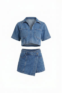 Denise Dames Denim Co-ord Set – Cropped Blouse & Wikkel Skort