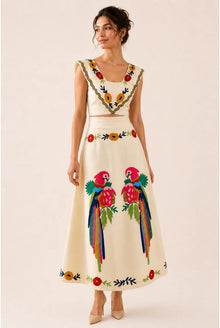 Paloma Dames Co-ord Set – Geborduurd Papegaaienmotief & Maxi Rok