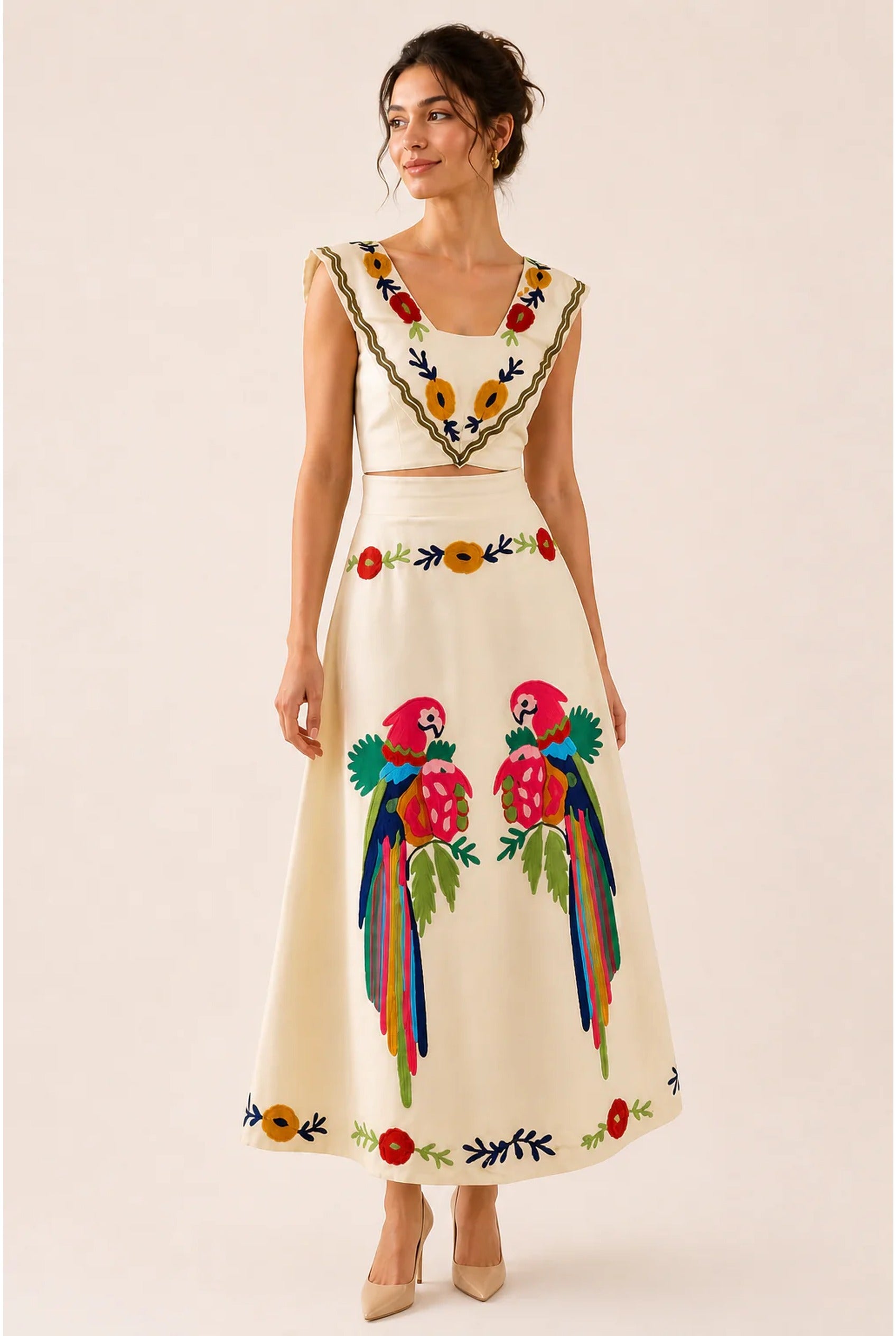 Paloma Dames Co-ord Set – Geborduurd Papegaaienmotief & Maxi Rok