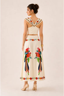 Paloma Dames Co-ord Set – Geborduurd Papegaaienmotief & Maxi Rok