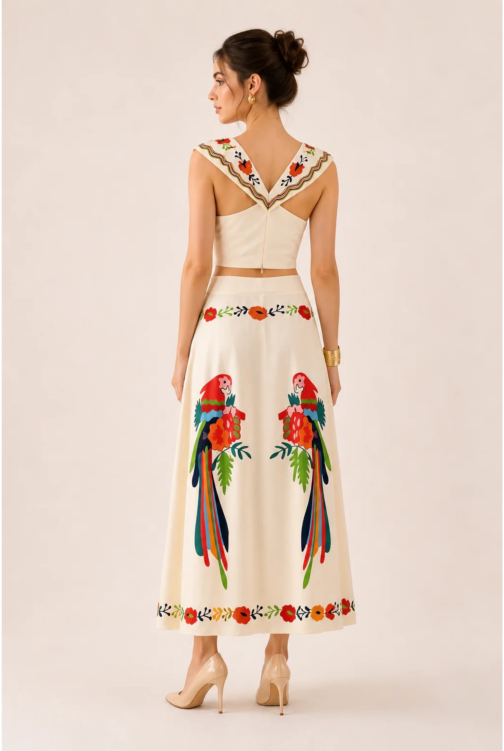 Paloma Dames Co-ord Set – Geborduurd Papegaaienmotief & Maxi Rok