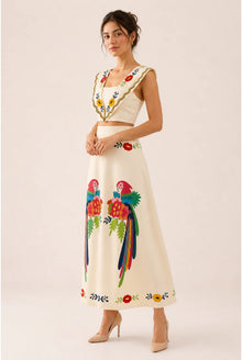 Paloma Dames Co-ord Set – Geborduurd Papegaaienmotief & Maxi Rok