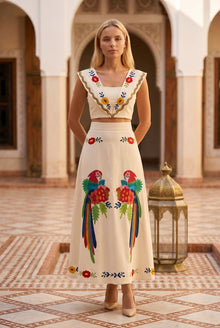 Paloma Dames Co-ord Set – Geborduurd Papegaaienmotief & Maxi Rok