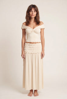 Sandra Dames Co-ord Set – Off-shoulder Crop Top & Gedrapeerde Maxi Rok