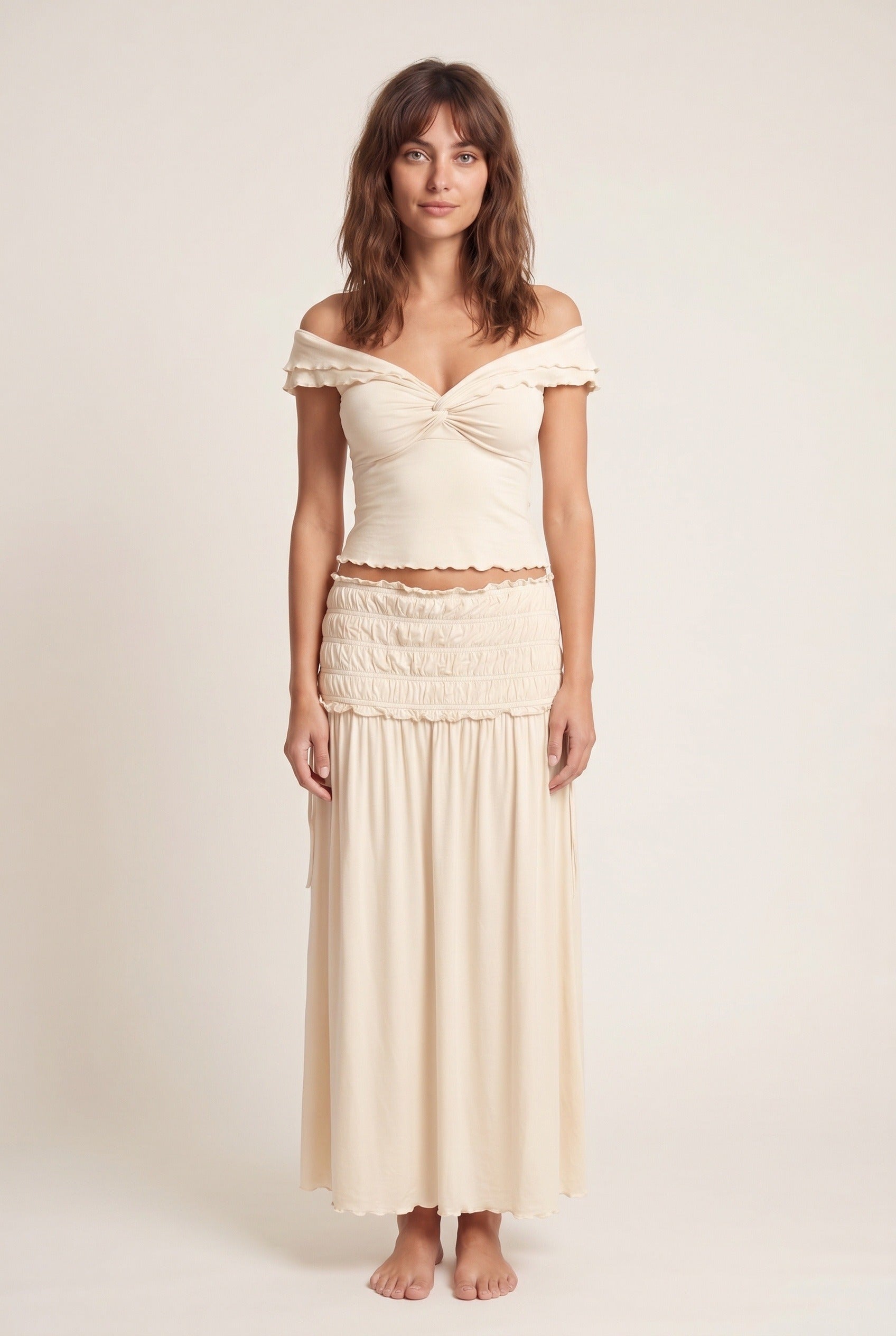 Sandra Dames Co-ord Set – Off-shoulder Crop Top & Gedrapeerde Maxi Rok