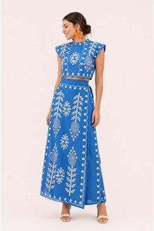 Ségolène Dames Co-ord Set – Geborduurd Motief & Maxi Rok met Franjes